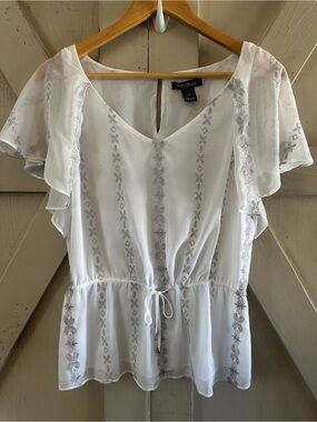 White House Black Market Embroidered Flutter Sleeve Blouse White Size Small